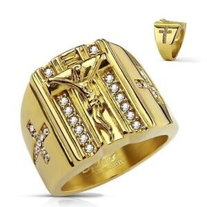 New gold toned stainless steel jesus‎ cross ring size 9
